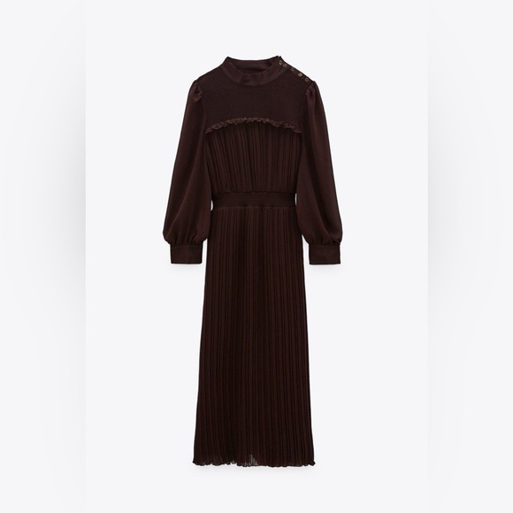 NWOT Zara Dark Brown High Collar Pleated Long Dress XS - Picture 2 of 5